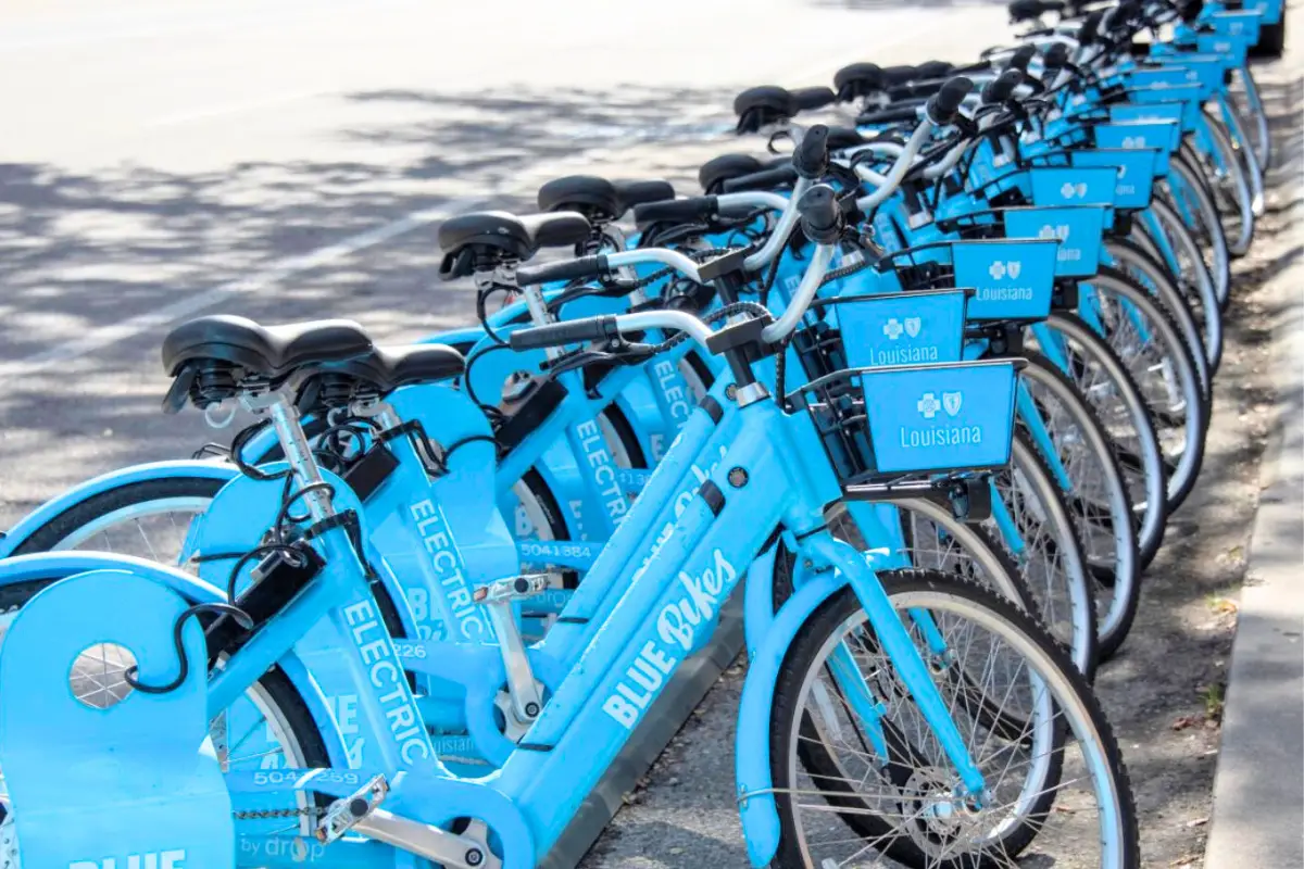 Blue Bikes NOLA rack, which allows for easy biking around New Orleans via their phone app
