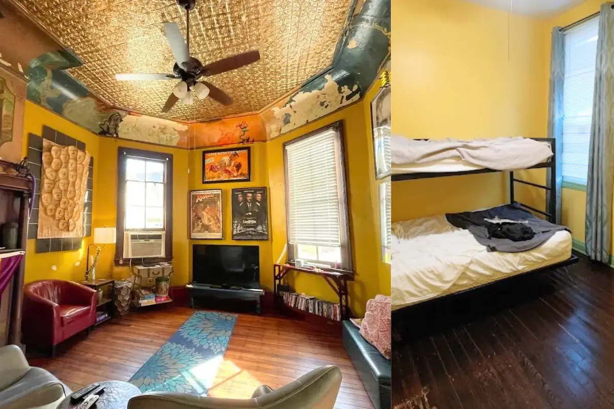 Images showing the India House New Orleans hostel, including the hangout area and living room with bohemian decor and a dorm room