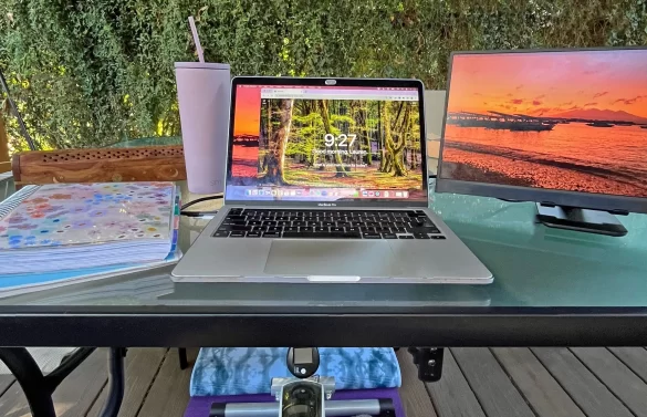 New Orleans digital nomad set up in an Airbnb's back covered deck