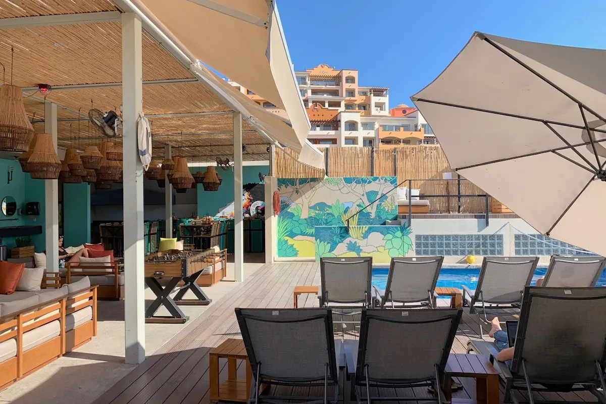 Mayan Monkey Cabo San Lucas hostel pool deck and restaurant