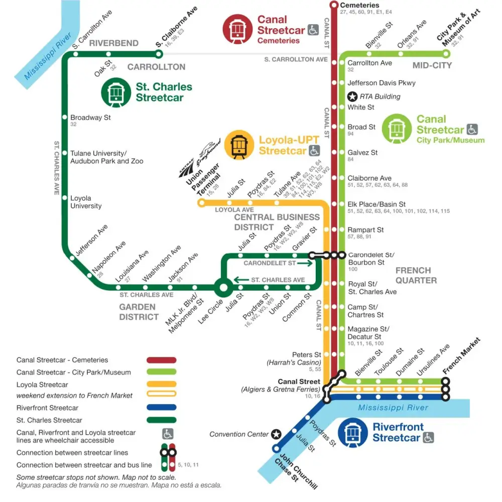 Map of New Orleans Streetcar routes