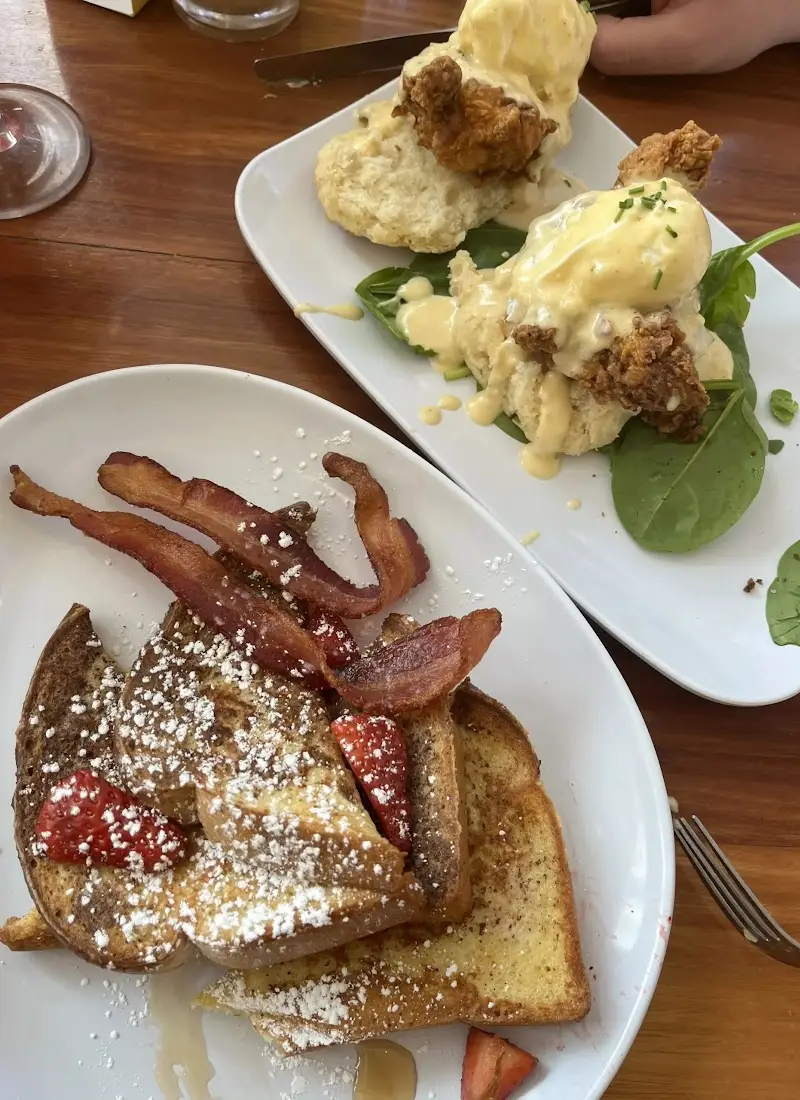 Brunch entrees at Rubys including french toast and the chicken St. Charles
