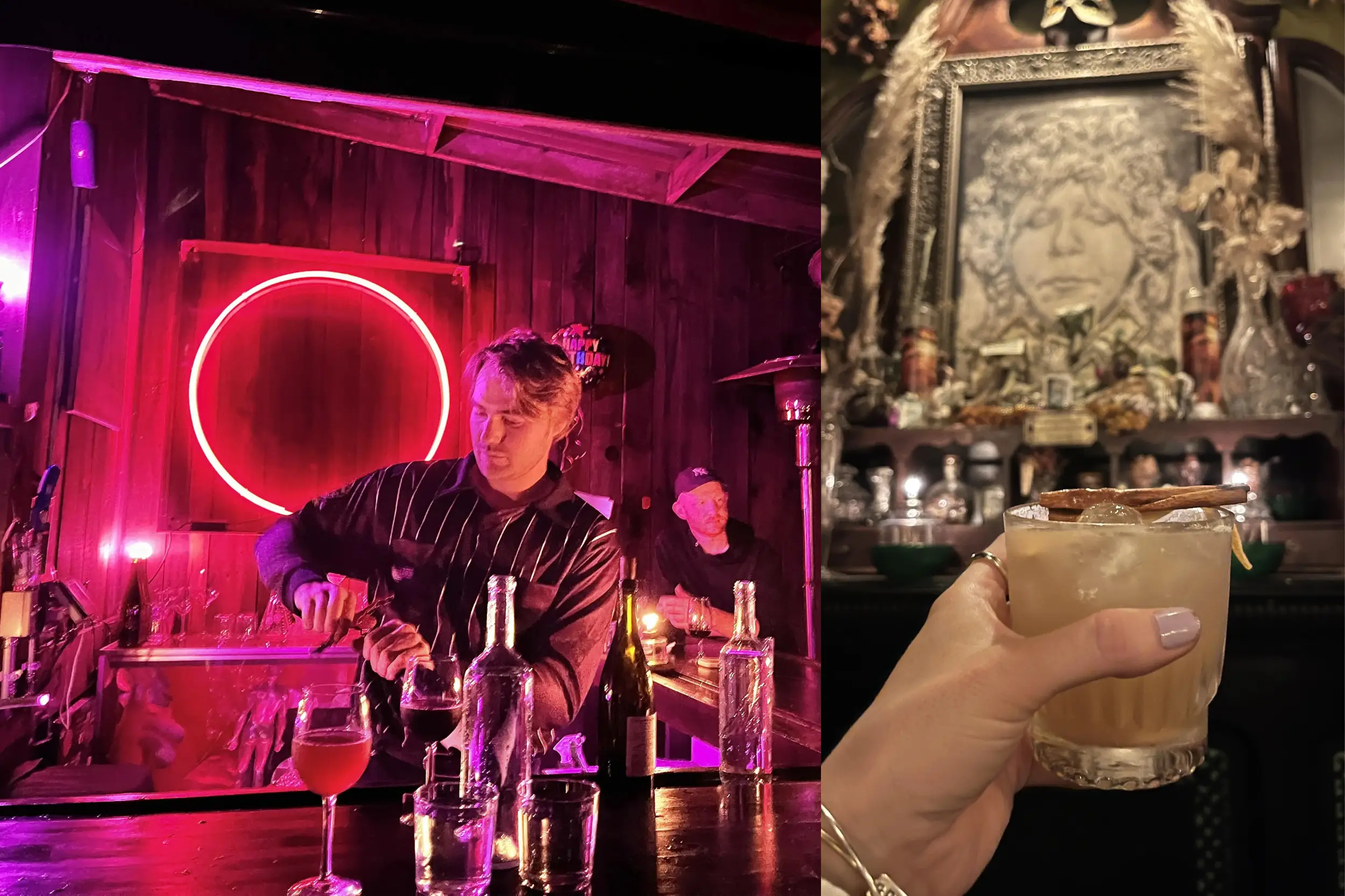 Photos representing the Asheville speakeasy scene, which includes a photo of Pink Moon Bar Asheville and the Crow and Quill
