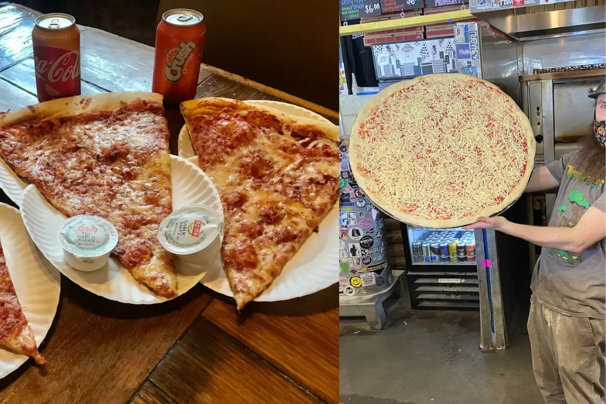 Giant pizza and pizza slices at Benny Pennello's in Charlotte, showing one of the best things to do in NoDa Charlotte