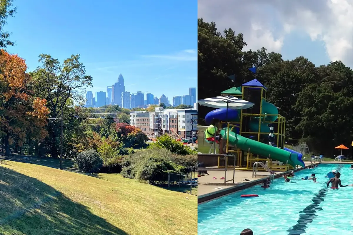 Collage showing Charlotte skyline from Cordelia Park and the Cordelia pool, which are both great places to visit in NoDa Charlotte NC