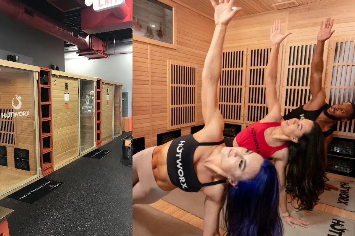 Hotworx Asheville hot yoga studio. Multiple photos showing the concept of a few people doing yoga inside an infrared sauna.