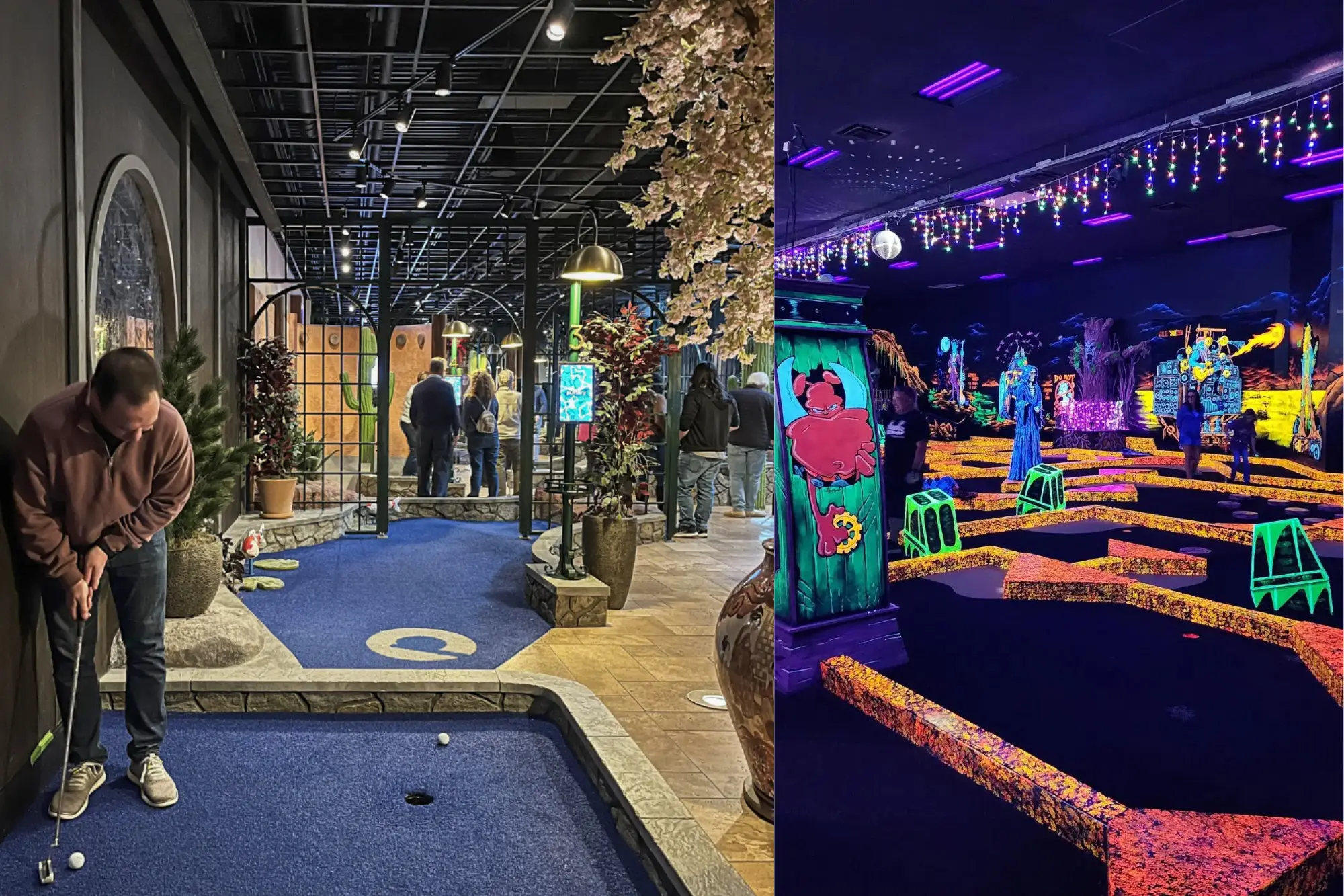 Collage of Puttery and Monster Mini Golf, which shows the best options for indoor putt putt Charlotte NC