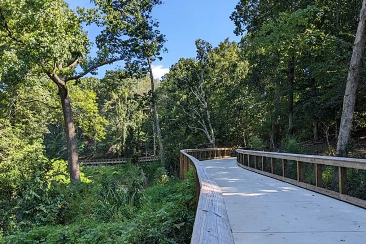 A beautiful wooded and paved section of the Little Sugar Creek Greenway in Charlotte