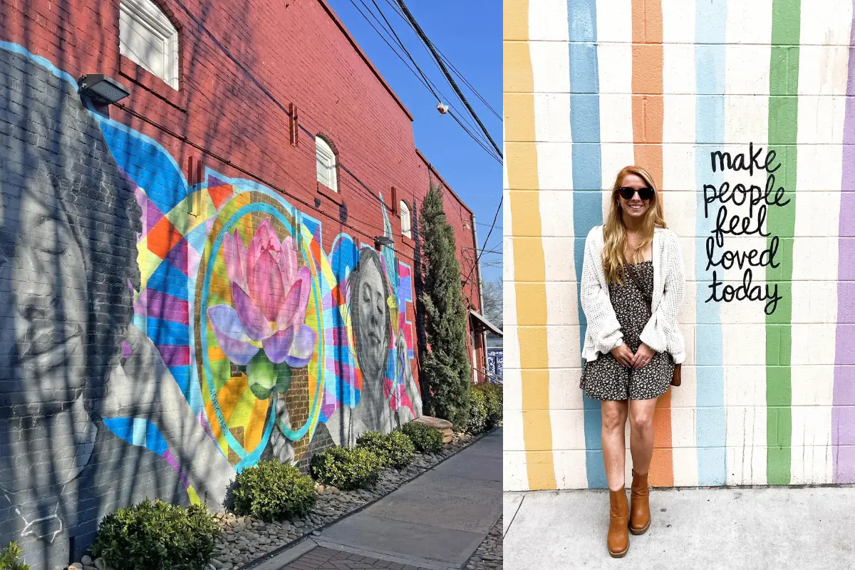 Two photos of murals that are a part of the NoDa Charlotte art walk