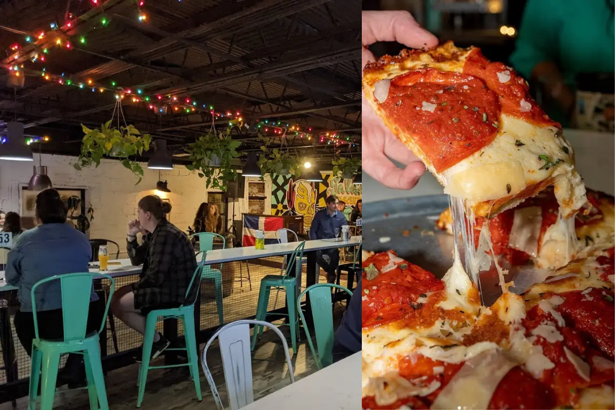 Collage showing what Salud Cerveceria offers, from beer to pizza and other food