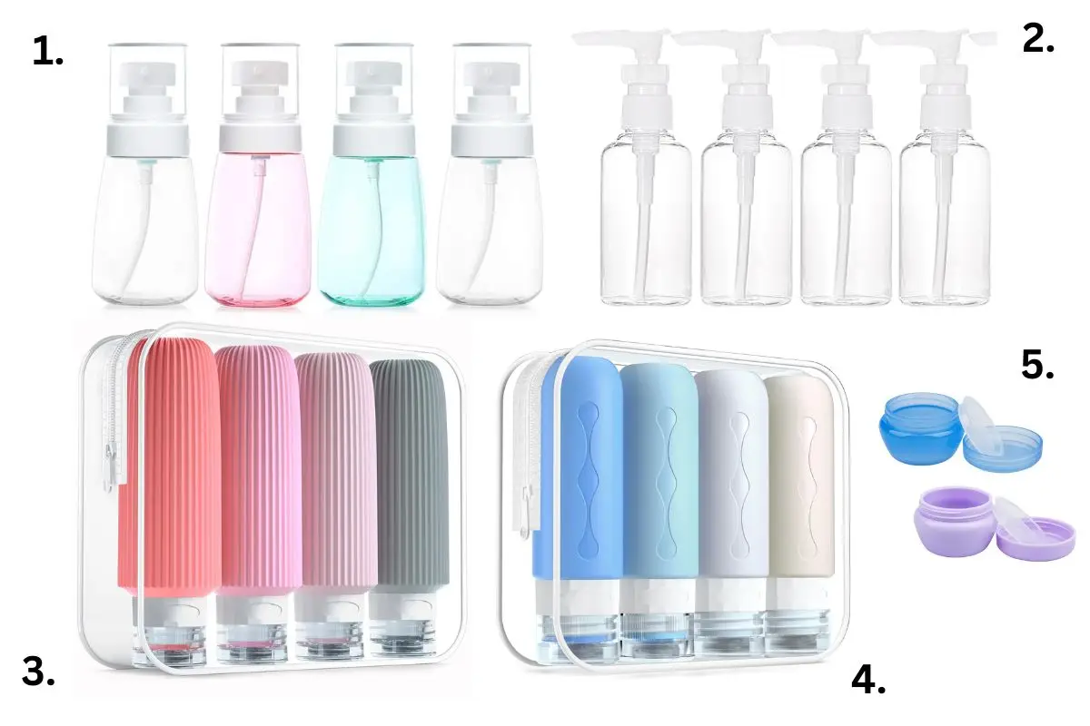 A variety of containers and bottles for travel cosmetics including different shapes and sizes for different products, which is one of my most used set of items on my digital nomad packing list