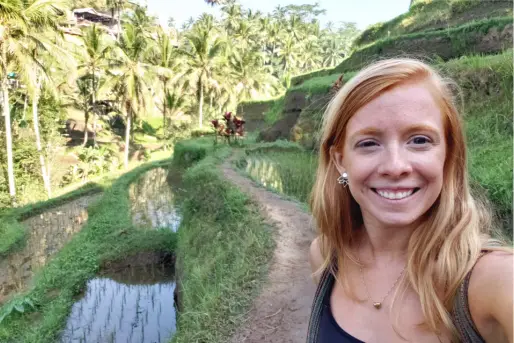 Lauren Edmondson of Inspired Backpacker at the rice fields in Bali Indonesia