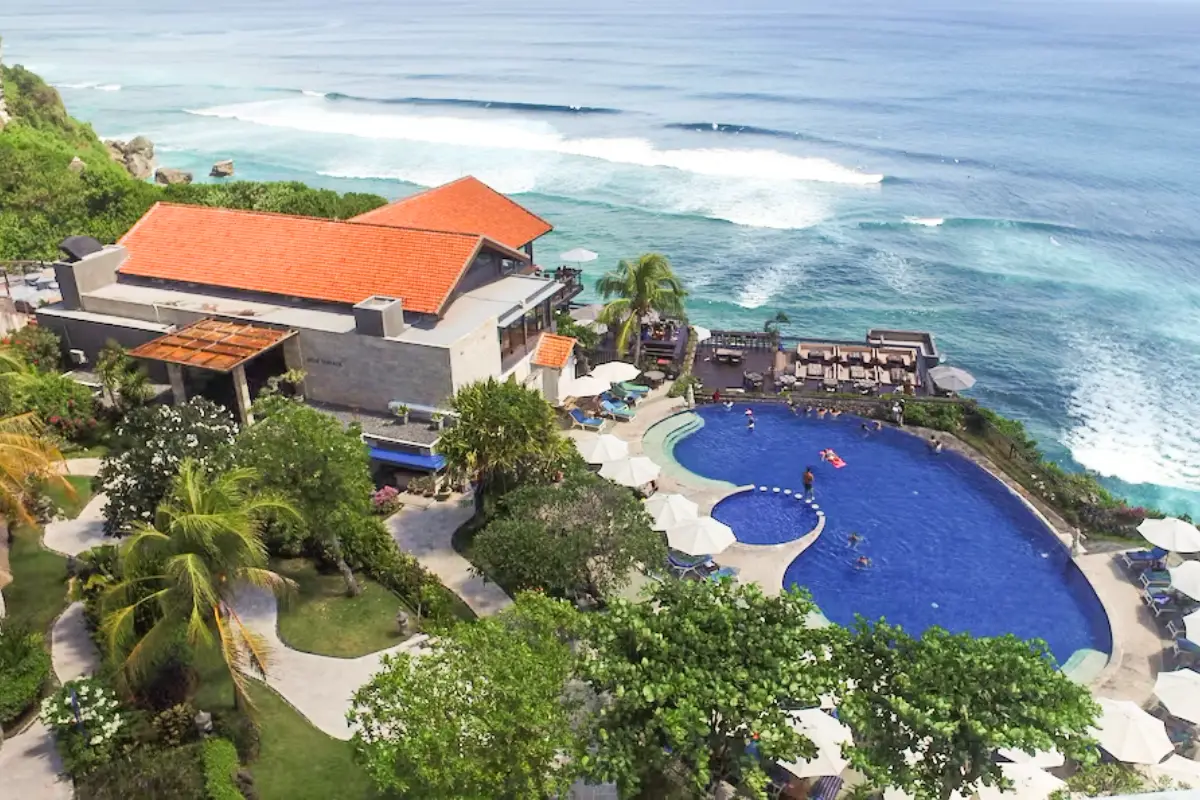 Aerial view of the Blue Point Resort & Spa on a cliff at Suluban Beach in Uluwatu, Bali