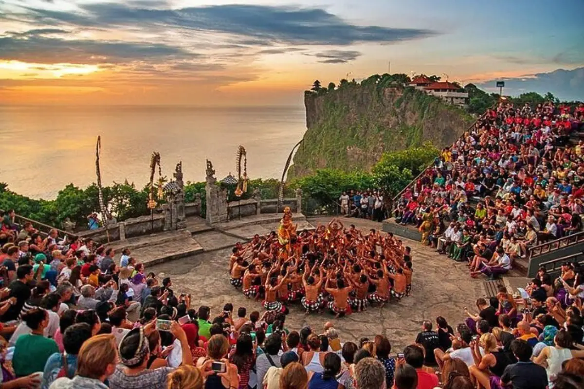 The Kecak Fire Dance Show at sunset, which takes place at the Uluwatu Temple in Uluwatu