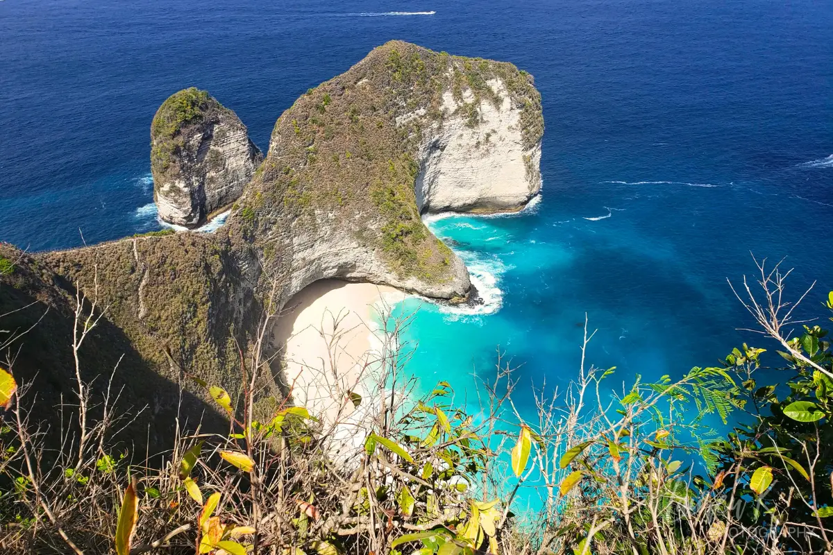 KelingKing Beach on Nusa Penida, which features stunning views both from the cliffs and beach