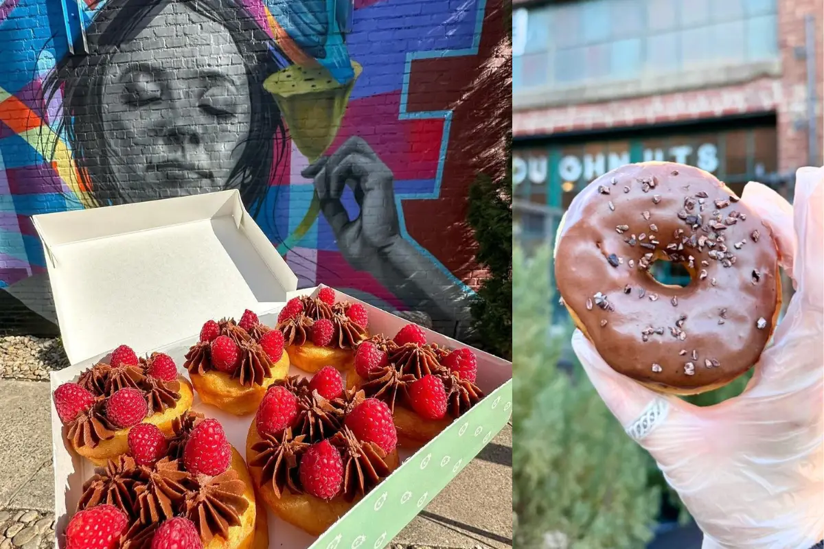 Collage showing two NoDa Charlotte donut shops. The first is Reigning Donuts and the second is Pepperbox Donuts