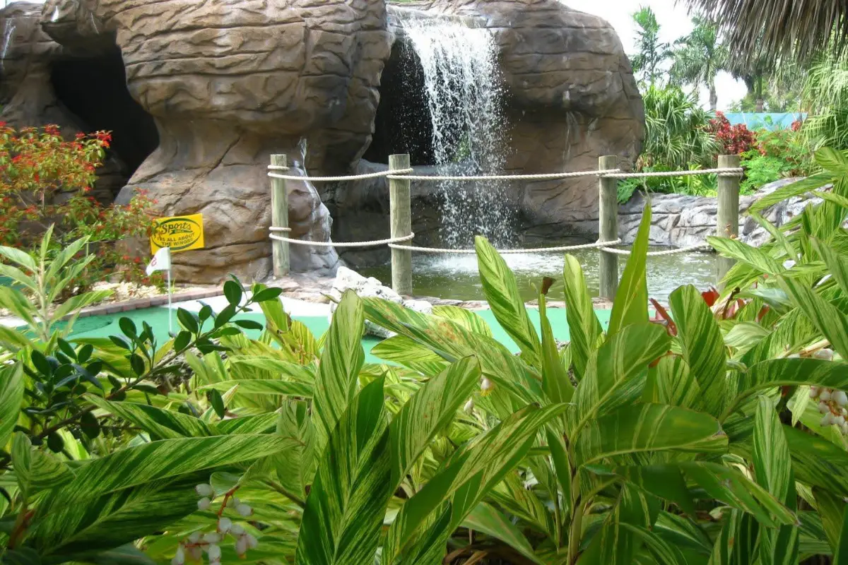 The waterfall at Palmetto mini golf in Miami, which is an outdoor course