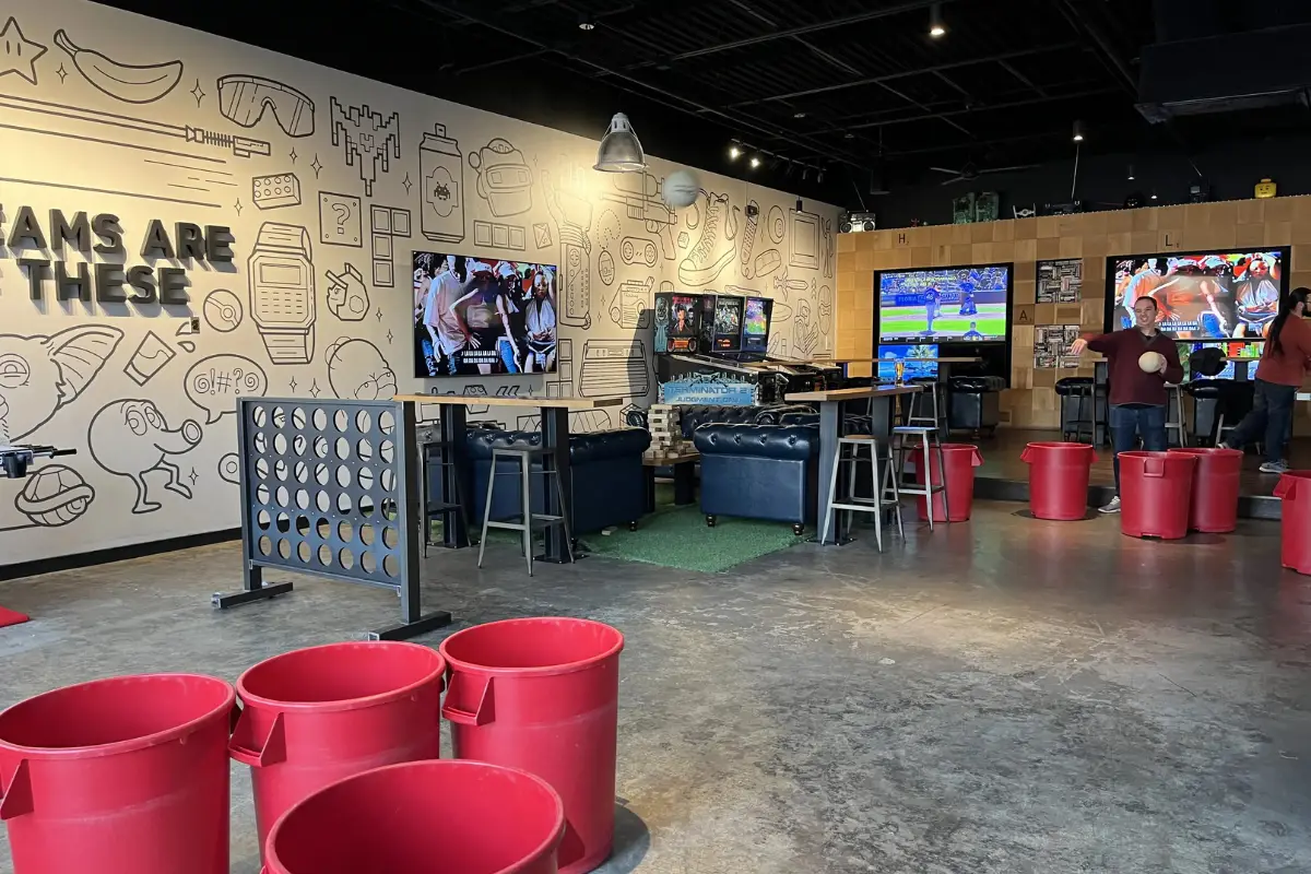 Patio pong or bucket ball, which is one of the games you can play at Pins Mechanical Co 