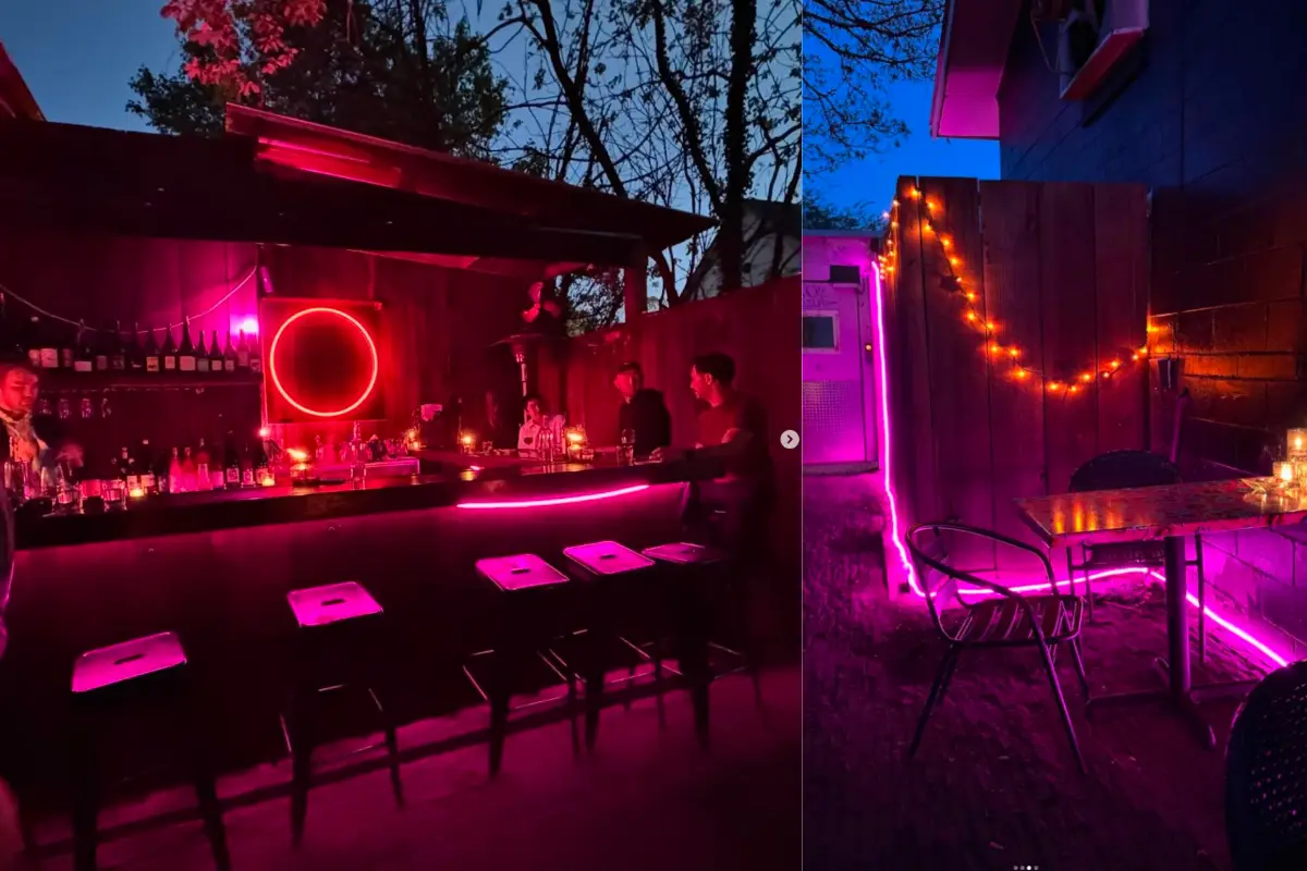 Photos showing the vibe at Pink Moon Bar in Asheville, including glowing pink lights in an outdoor chill bar