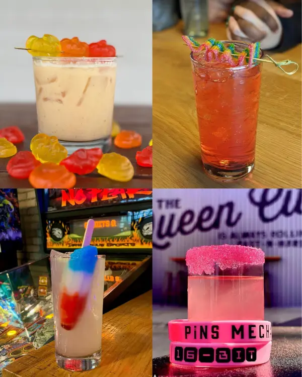 A collage showing different craft cocktails offered at Pins Mechanical Co. in Southend Charlotte NC