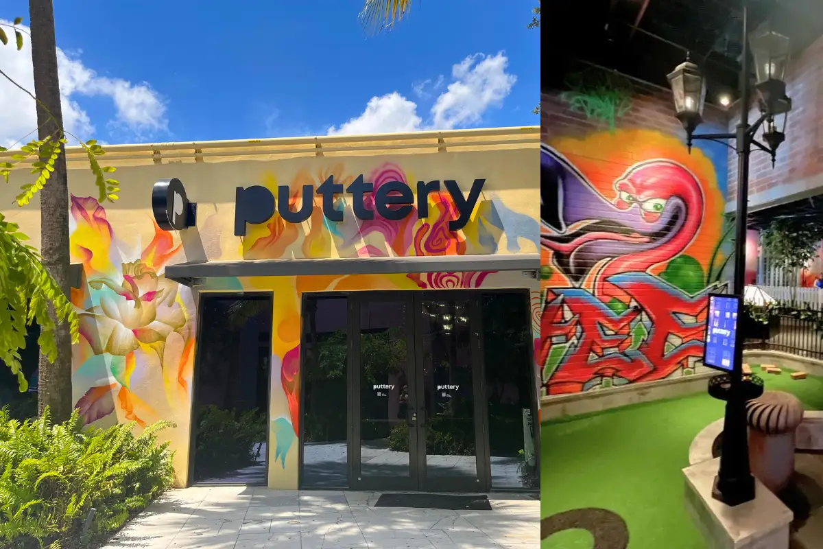The entrance and one course at Puttery, which is a place for immersive indoor mini golf Miami, which also serves cocktails and food.