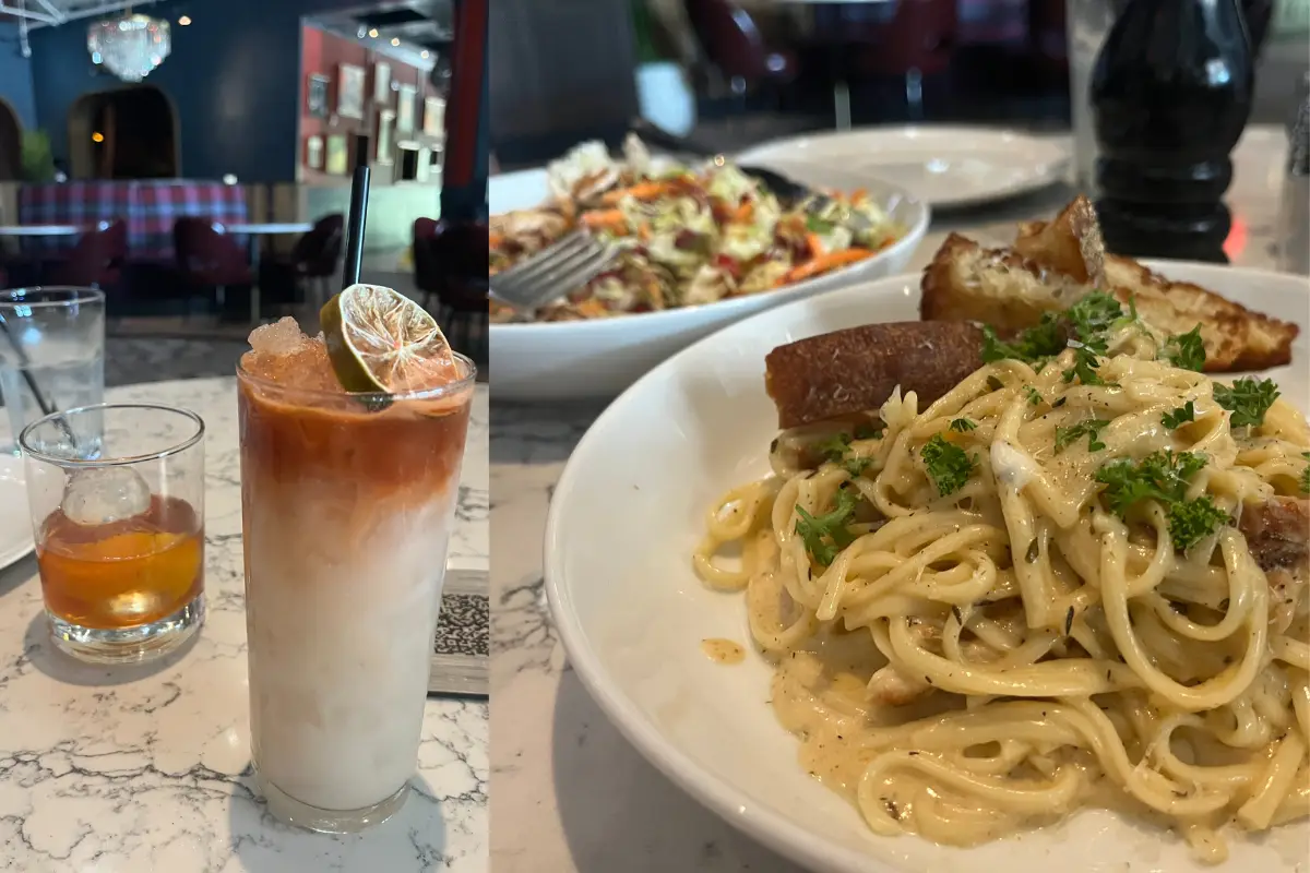 Collage showing a craft cocktail and the cajun pasta at Puttery Miami
