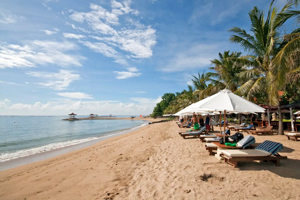 Sanur Beach in Bali, which is a great beach for swimming due to calm waters and soft sand