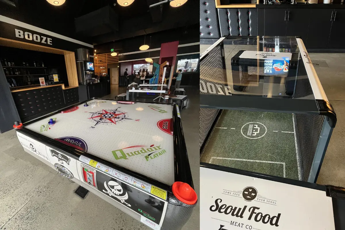 Unique games including an under table soccer game and four sided air hockey, inside Seoul Food Meat Company, which is a Korean Barbecue spot and hangout for people of all ages.