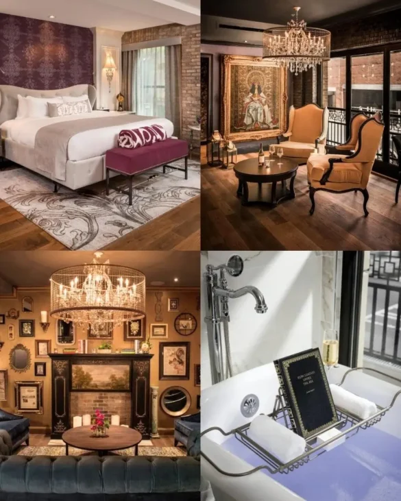 Ivey's Hotel including images of a soaking tub in the sunlight in one of the rooms, a luxurious looking room with a plush bed and an elegant interior space with a chandelier