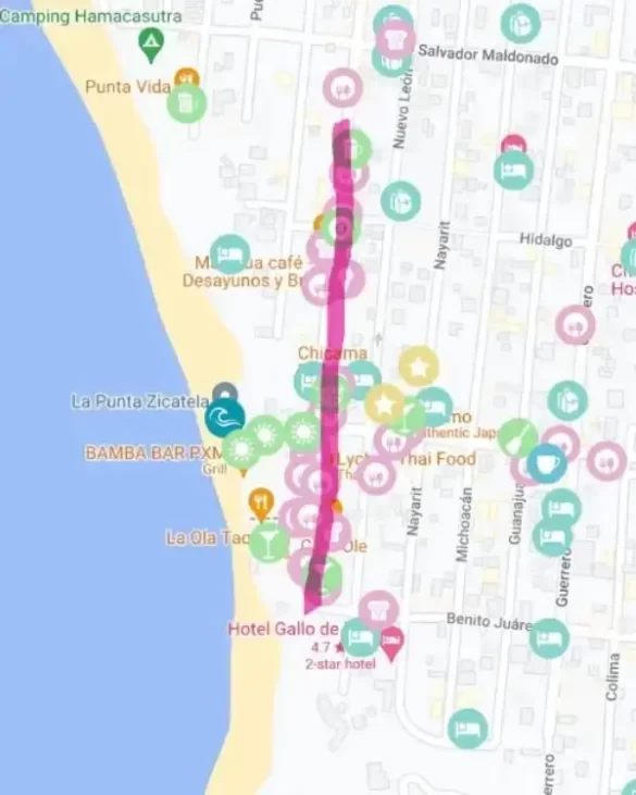 Map showing the main street of La Punta