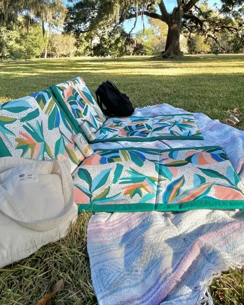 Picnic chairs, blanket and backpack in the grass to show a picnic set up can be one of the best free things to do in Charleston SC