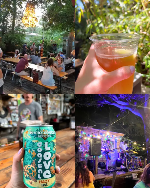 Beers, picnic tables under a canopy of trees and the garden stage at Chico Feo, showing that it embodies Folly Beach's spirit and is one of the best bars In Folly Beach SC