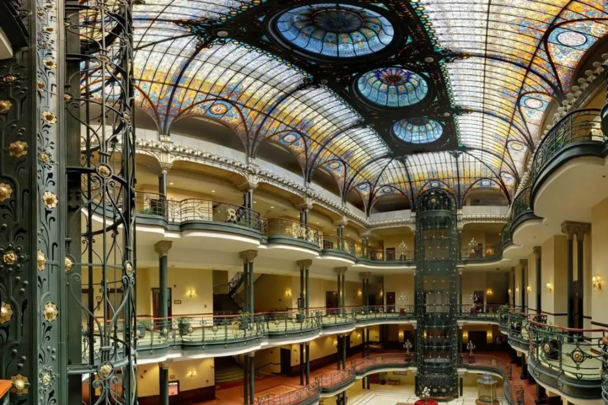 The grand lobby atrium at the Gran Hotel Ciudad de México, which is one of the best Mexico City airport hotels for a long layover