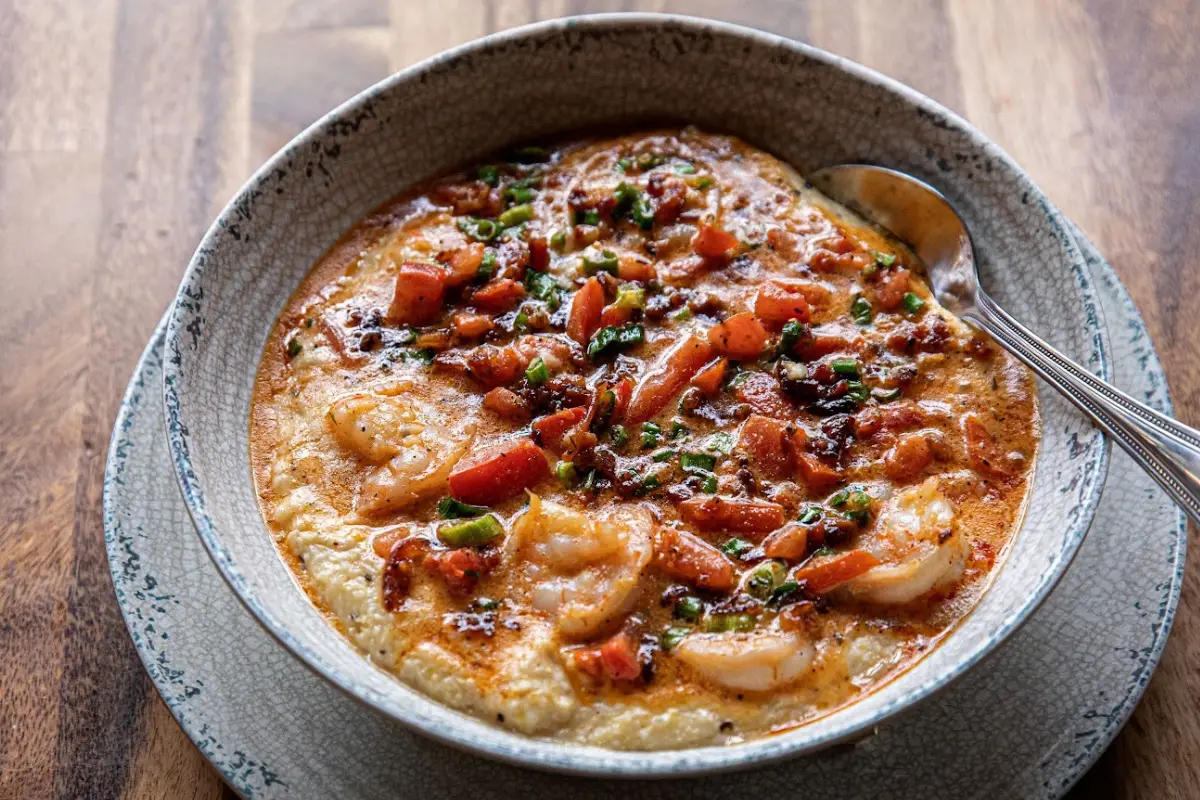 The shrimp and grits dish at RItas, showing that it's one of the best breakfast places in Folly Beach SC