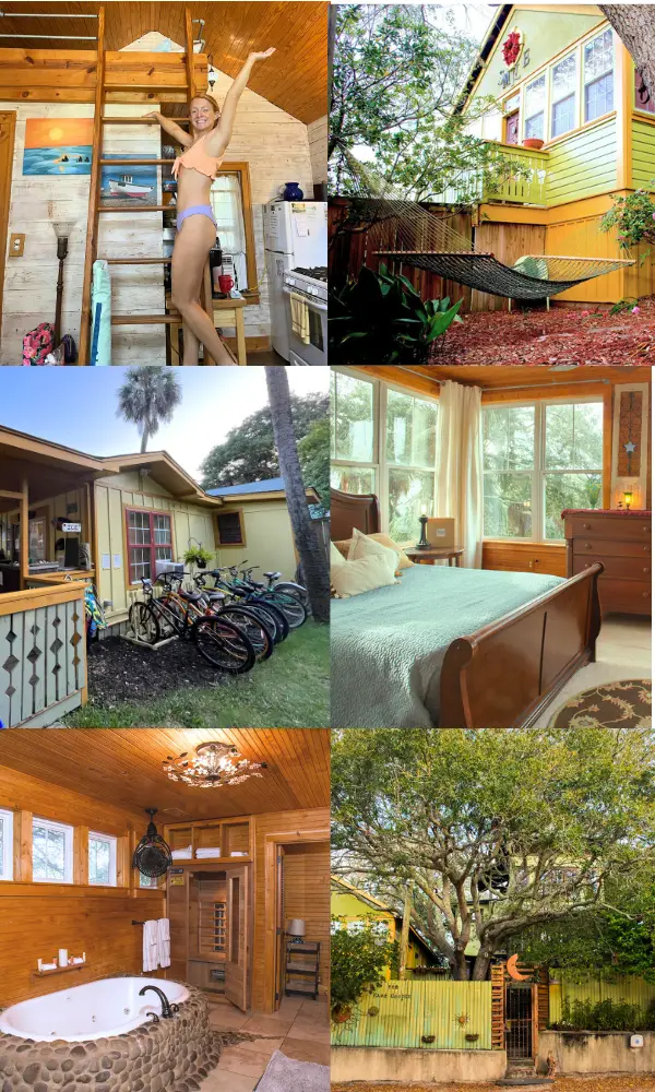 Pics of the Beachside Boutique Inn including one of me on a ladder in the Seacret Cottage, a hammock and outdoor hangout area, bikes to use, a large soaking tub and the exterior of the hotel, which shows that its one of the best and most unique hotels in Folly Beach SC