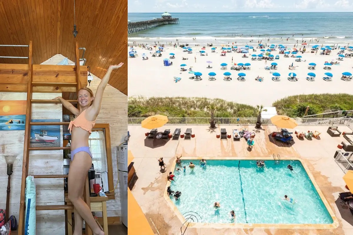 Hotels in Folly Beach SC blog cover image including an image of the pool at the Tides oceanfront hotel and a photo of me in the Seacret Cottage at the Beachside Boutique Inn