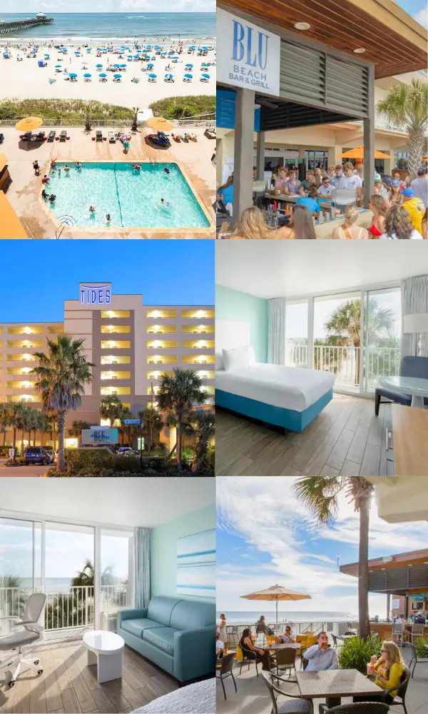 The sparkling pool deck, BLU beach bar and grill, the hotel exterior, a guestroom overlooking the ocean and the tiki bar at Tides Hotel, to show it's the only oceanfront option of the hotels in Folly Beach SC