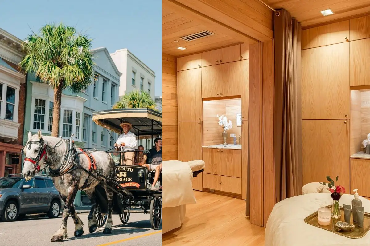 Cover image for the romantic things to do in Charleston SC blog, which include images of a couples massage and a carriage ride
