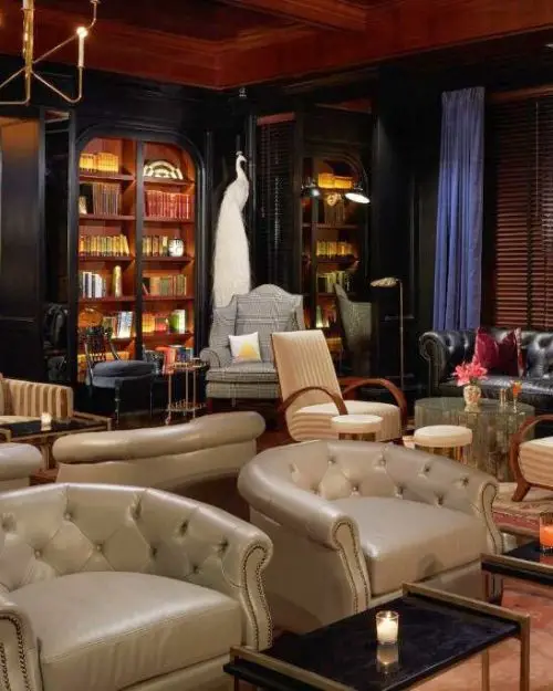 The speakeasy-style bar in the Spectator hotel in Charleston, which is dimly lit and has 1920s style decor