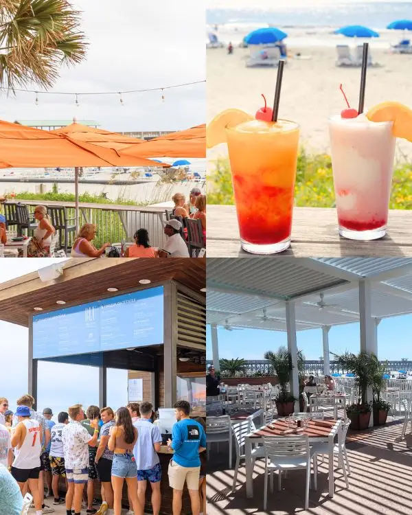 The sunny outdoor bar and deck looking out over the ocean and some beautiful mixed drinks at BLU, which is one of the best oceanfront bars In Folly Beach SC