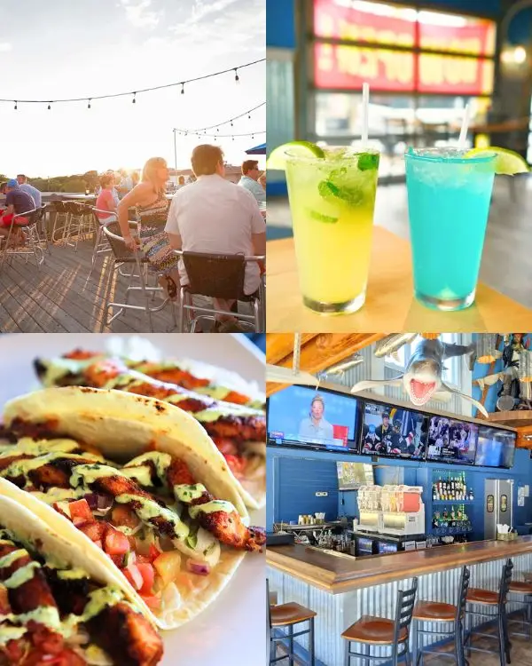 Images of Catch 23, one of the newest bars In Folly Beach SC, including a rooftop with seating, fruity drinks and fresh tacos