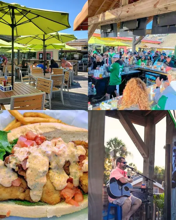 Images of Loggerheads live music, sunny deck and a delicious looking sandwich, at one of the best casual bars in Folly Beach SC for live music and a laid back atmosphere