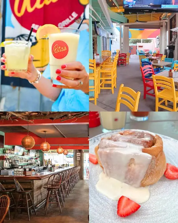 A yummy cinnamon roll, colorful covered outdoor patio, beachy bar and frozen drinks with the Ritas logo