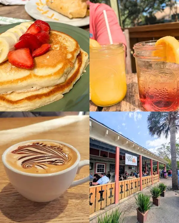 Fluffy pancakes, brunch drinks, a frappuccino and an outdoor patio on a sunny day at Lazy Dog