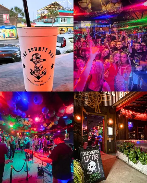 Young people in a crowded bar under neon lights with a band playing, plus a branded cup at the Bounty Bar