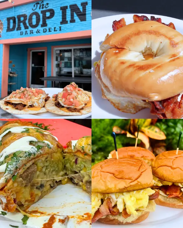 A collage of Drop-In Cafe, one of the best breakfast places in Folly Beach SC for take out, which includes images of a gooey breakfast burrito, BEC sandwich, breakfast tacos and even breakfast sliders