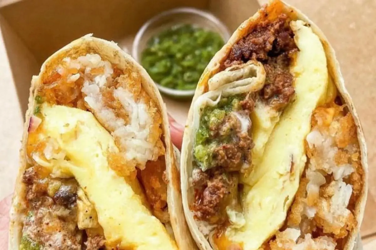 A breakfast burrito from Lowlife Bar, one of the absolute best breakfast places in Folly Beach SC
