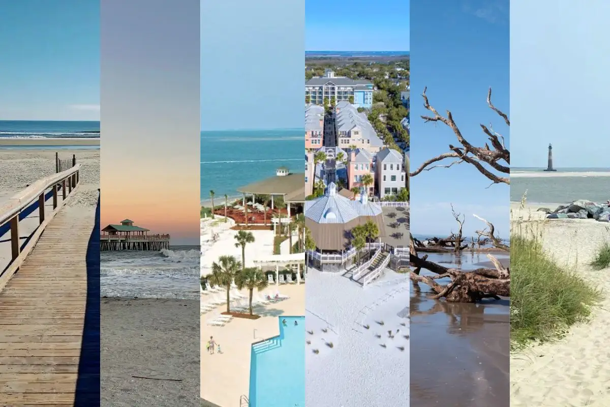 Charleston SC Beaches blog cover image, showing 6 previews of the best beaches