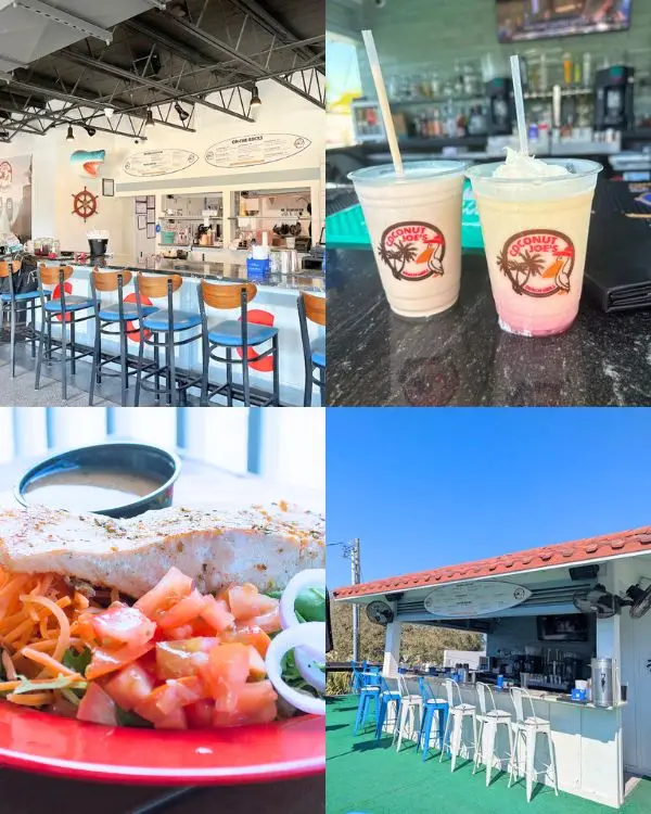 Rooftop bar and indoor bar at Coconut Joes, also with images of frozen drinks and a fish entree
