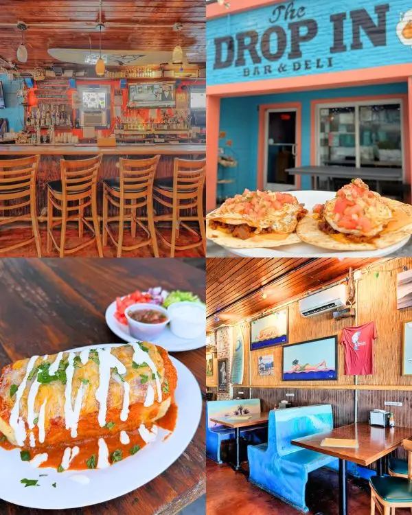 The bar, dining area, breakfast tacos and a burrito at the Drop-In Bar & Deli